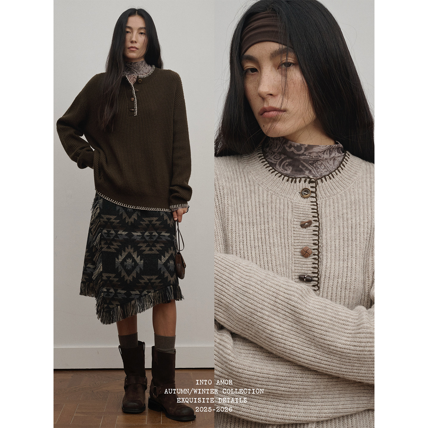 INTO AMOR秋冬女门襟领口撞色边一字绣绵羊毛混纺圆领套头毛衣