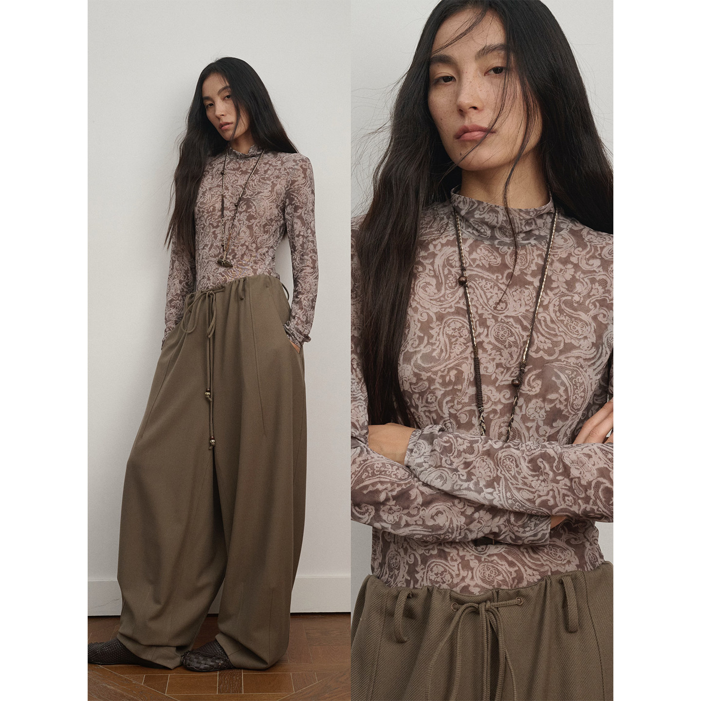 INTO AMOR秋冬女设计感腰果花印花轻薄皮肤衣半高领打底