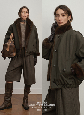 INTO AMOR老钱风环保皮草仿貂毛翻毛领夹克95白鸭绒羽绒服外套