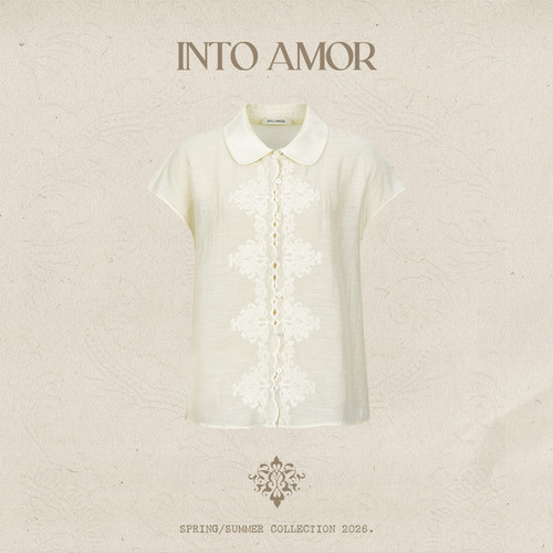 INTO AMOR醋酸亚麻莱赛尔混纺刺绣纽扣娃娃领衬衫