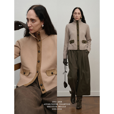 INTO AMOR冬季女老钱风美利奴羊毛立领拼接仿麂皮毛衣开衫