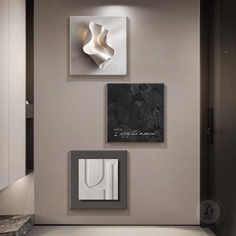 轻奢高级感入户玄关装饰画浮雕立体感走廊过道挂画抽象三联墙壁画图片