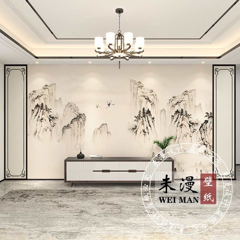 复古新中式山水水墨画装饰壁纸电视背景墙纸客厅沙发卧室床头壁画图片