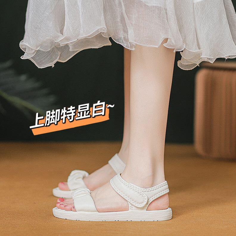 夏季外穿白色凉鞋女年生气质女厚底沙滩平底款新款罗马鞋学生2024