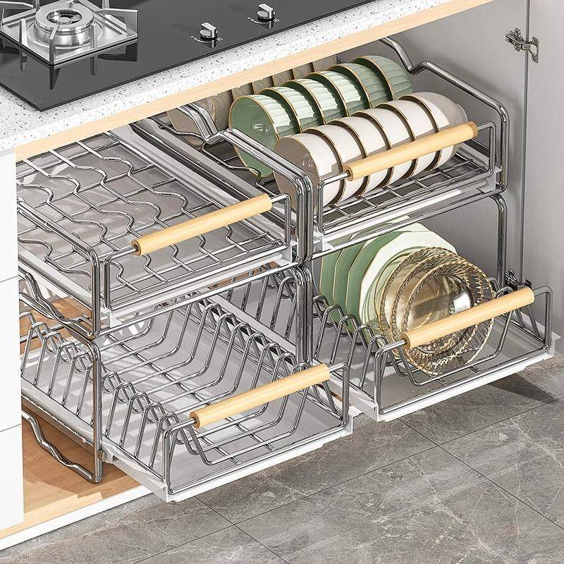 不锈钢碗碟收纳架厨房橱柜内置物架抽屉式拉篮抽拉碗盘子沥水碗架