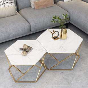 北欧大理石茶几创意铁艺沙发多边形大小茶几组合办公室六边形桌子