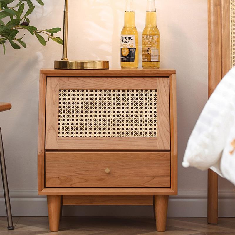 实木床头柜复古藤编樱桃木北欧日式小户型卧室床边柜二斗柜收纳柜