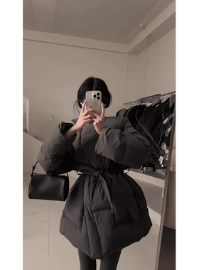 实价现货韩系黑色绑带收腰棉服外套女秋冬高级保暖显瘦面包服棉袄