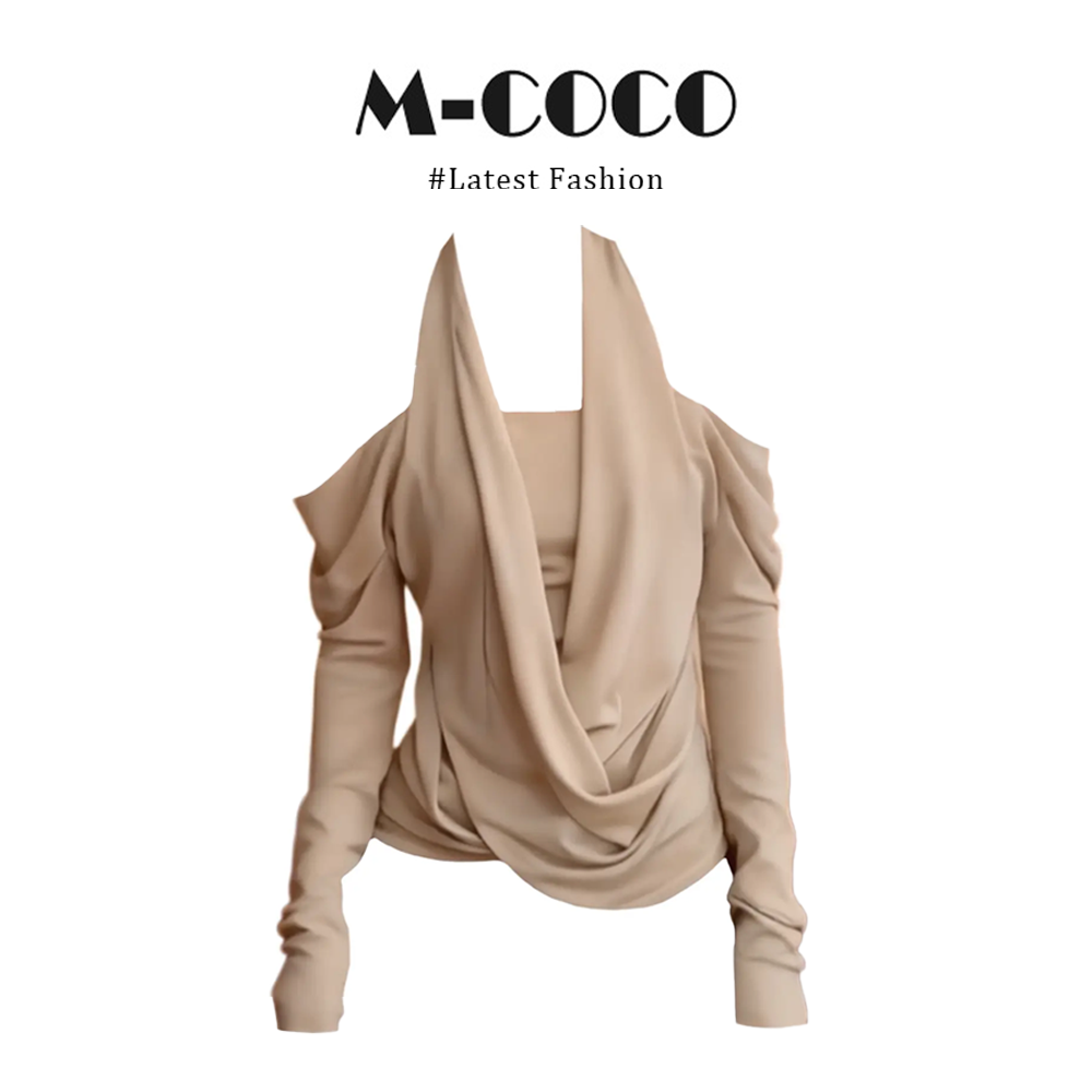 parkyeon法式纯欲风杏色假两件挂脖长袖一字肩上衣微喇裤两件套