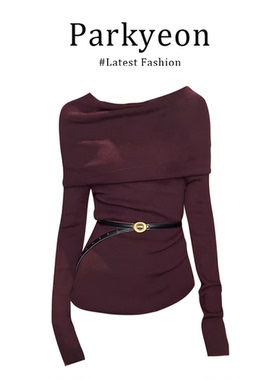 气质辣妹紫色一字肩针织衫女早秋时尚别致打底衫长袖上衣