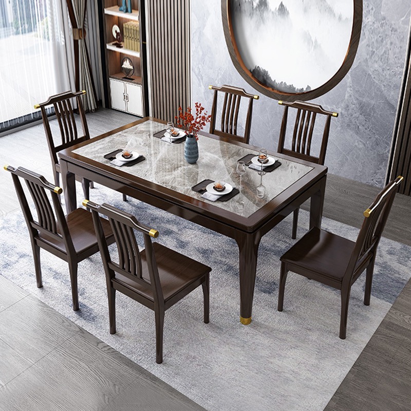 新中式实木餐桌椅组合简约岩板桌面西餐桌长方形中小户型家用饭桌