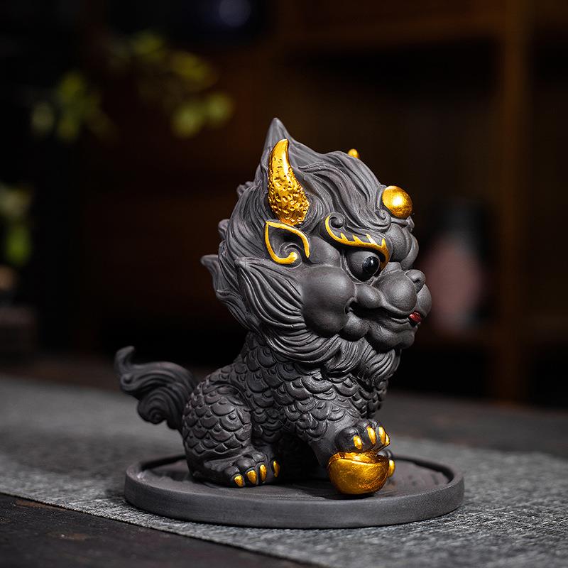 麒麟紫砂茶宠摆件精品可养茶桌茶台装饰品仿古描金高档招财小茶玩