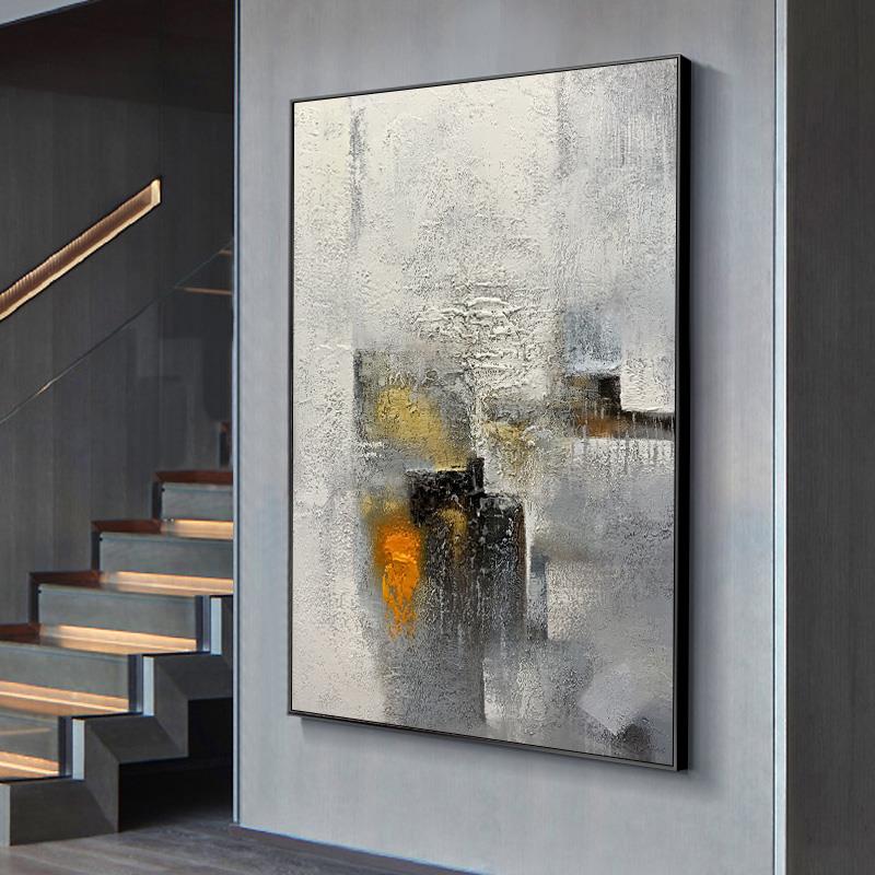 纯手绘油画美式大幅色块装饰画玄关抽象挂画灰色系设计师壁画大气