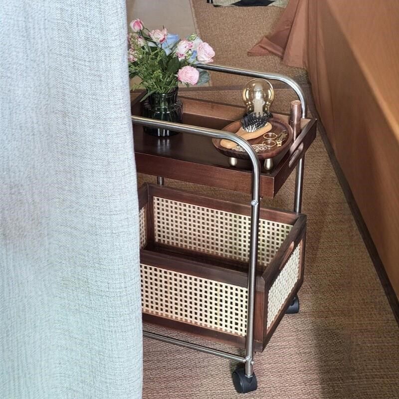 实木可移动边几收纳中古小推车客厅茶几储物置物架藤编复古餐
