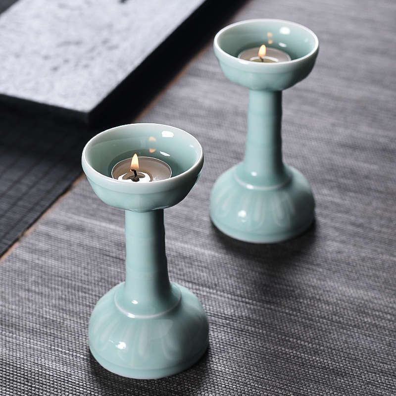 青瓷烛台中式莲花烛台家用佛前用品供奉蜡烛陶瓷酥油灯座饰品摆件