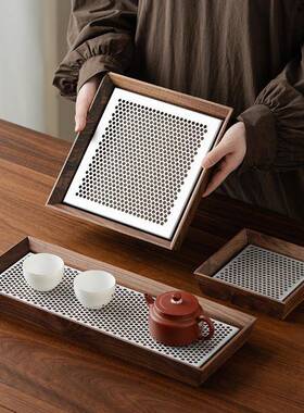 北美胡桃木储水式茶盘高级感长方形铝盘干泡盘泡茶小茶台沥水托盘