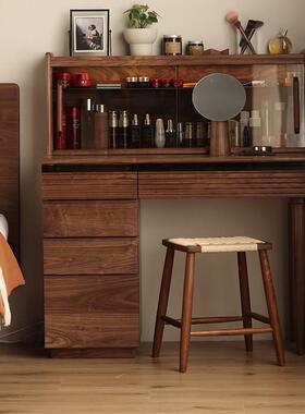 北美黑胡桃木梳妆台卧室现代简约化妆柜日式带灯实木化妆桌玻璃门