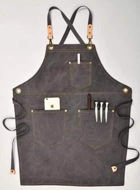 定 制真 皮灰色牛仔帆布交叉围裙水洗过蜡干腊围裙外单出口品质