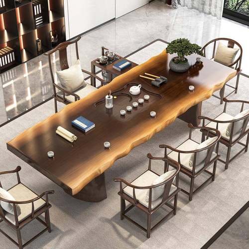 新中式原木大板茶桌椅办公室接待实木茶桌家用自然边茶台茶几环保