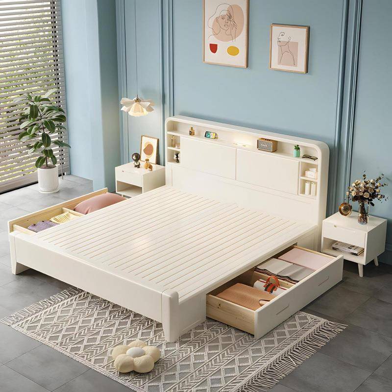 北欧现代简约白色实木床储物床奶油风1.8双人床家用主卧储物床