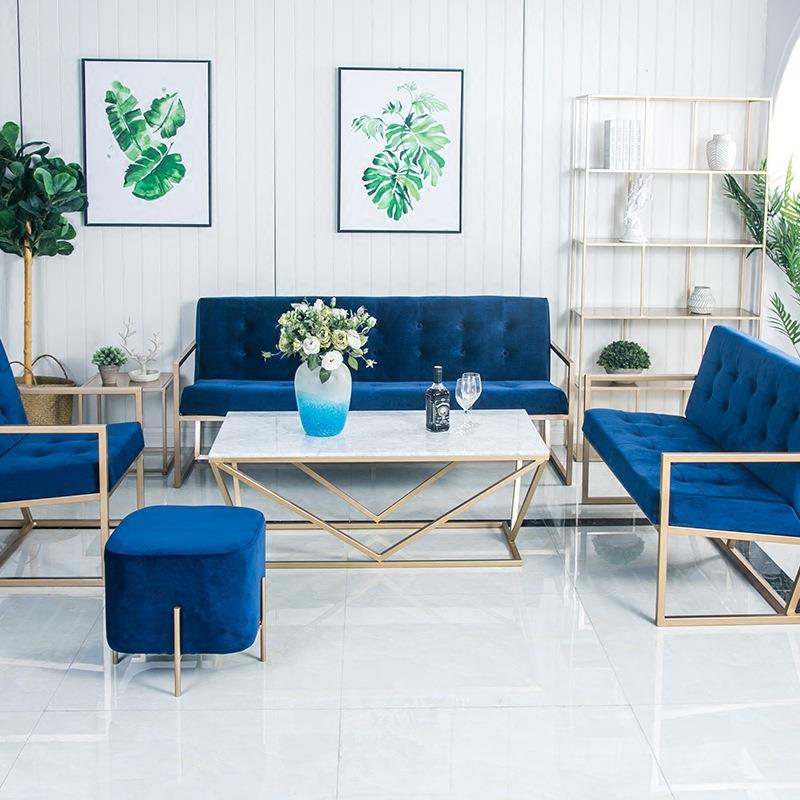 北欧铁艺双人三人沙发椅组合小户型简约金色单人创意绒布沙发茶几