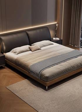 真皮床黑色简约小户型主卧软包1.8米双人大床网红大象耳朵床储物