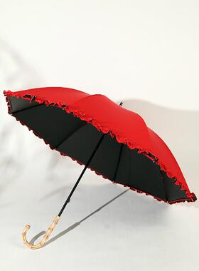 9QXC嫁衣大红伞复古竹柄长杆伞结婚伞大红色蕾丝遮阳裙边新娘伞