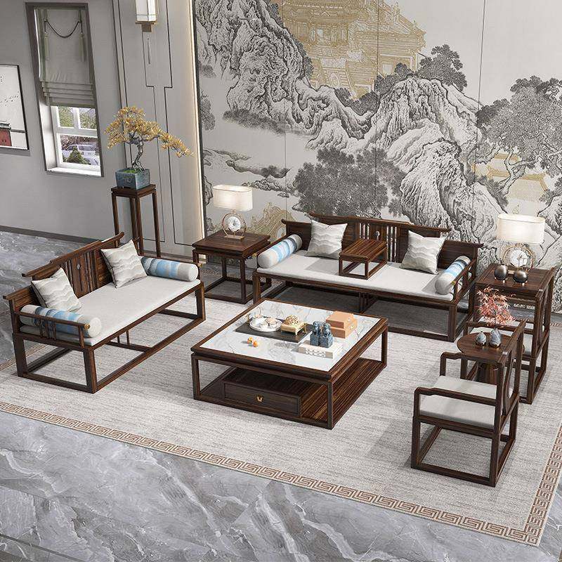 新中式客厅实木沙发组合现代简约接待罗汉床沙发别墅乌金木家具