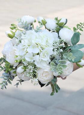 自然森系手捧花束新娘户外婚礼结婚白色牡丹玫瑰绢花手捧花MD2606