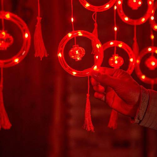 LED新年皮线窗帘灯插头带尾插中国风圆环红灯笼春节喜庆装饰灯串