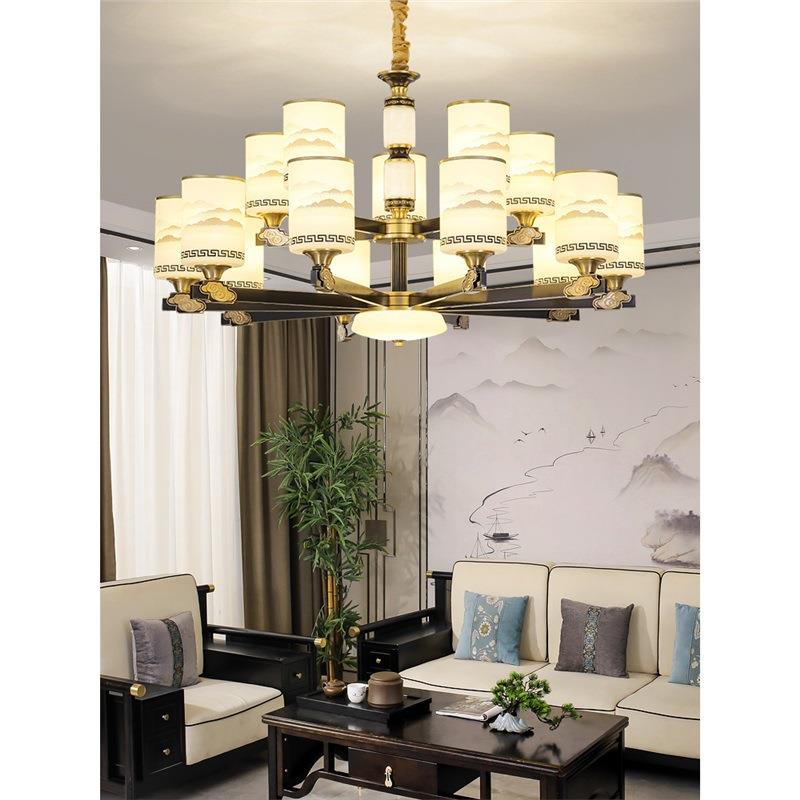 全铜吊灯新中式客厅灯别墅复式楼餐厅卧室主灯中空楼中楼大厅灯具