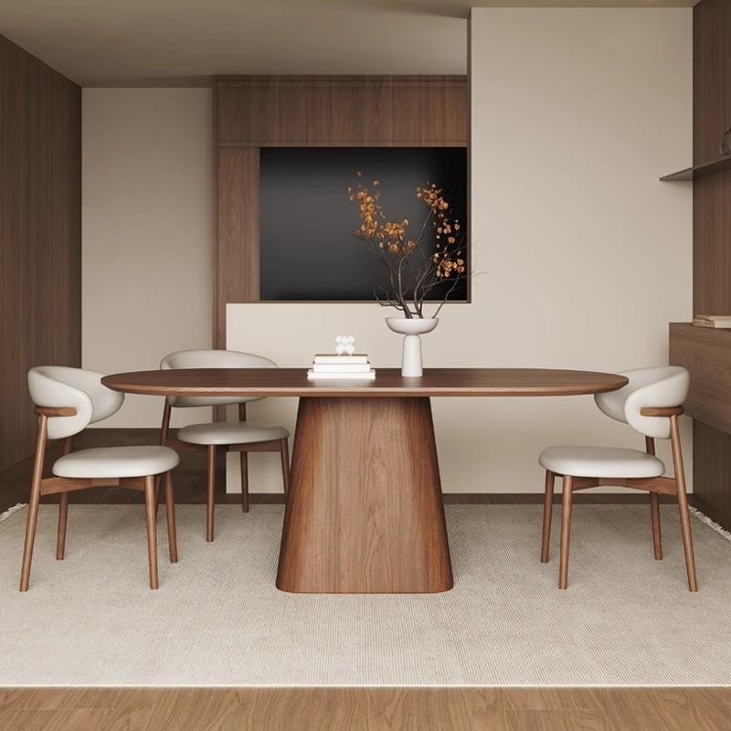 复古风实木餐桌家用小户型饭桌椭圆长方形中古黑胡桃木餐桌椅组合