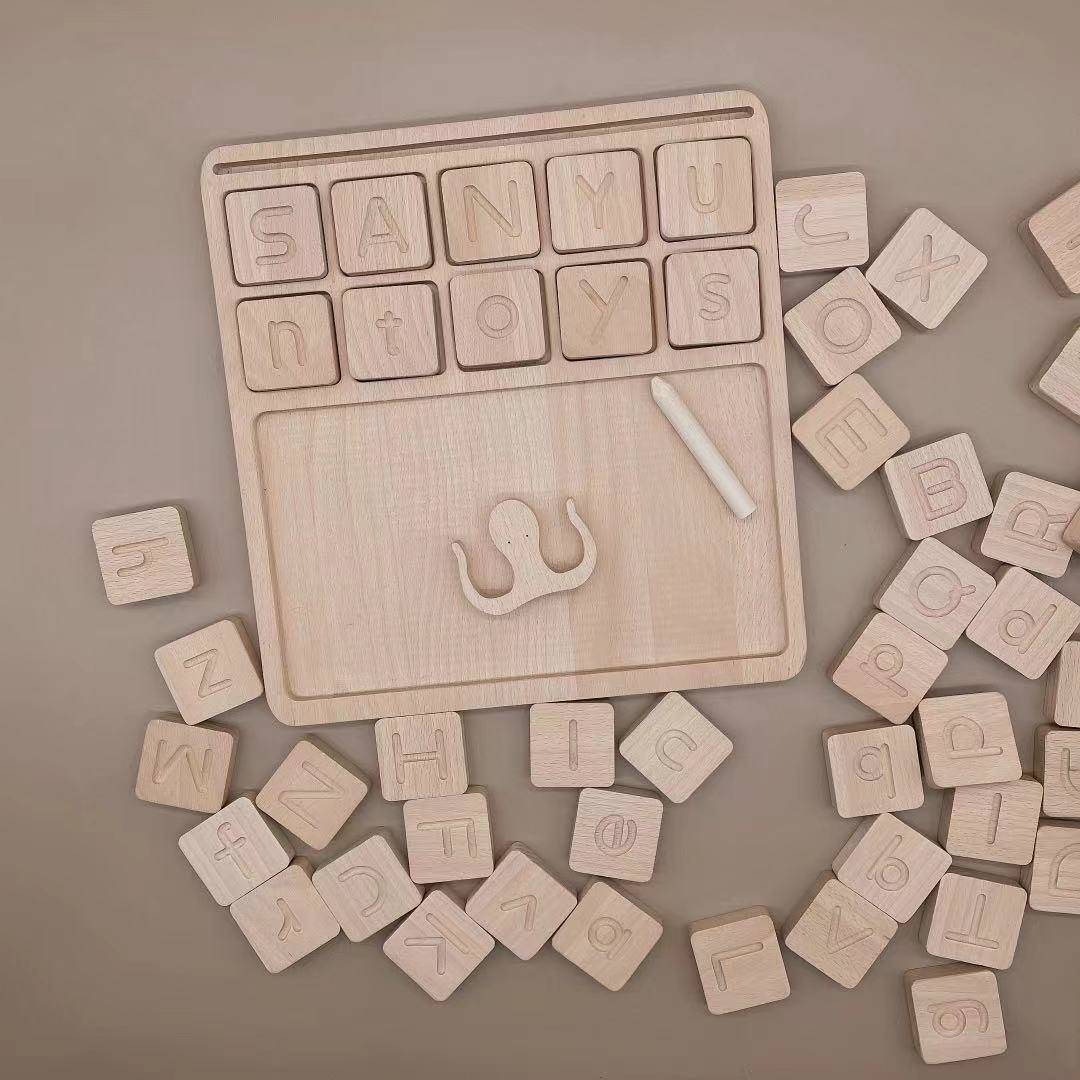 蒙氏大小写字母临摹描写拼读板字母积木原木玩具