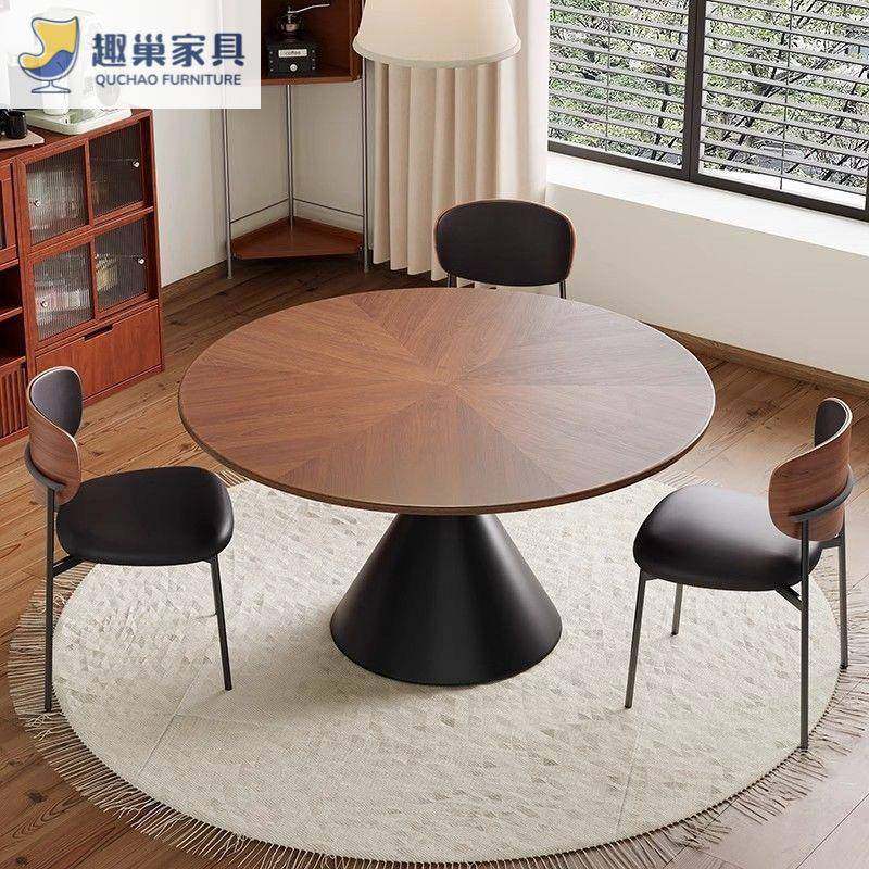 复古实木餐桌家用时尚中古风小户型圆形胡桃木圆桌转盘饭桌组合