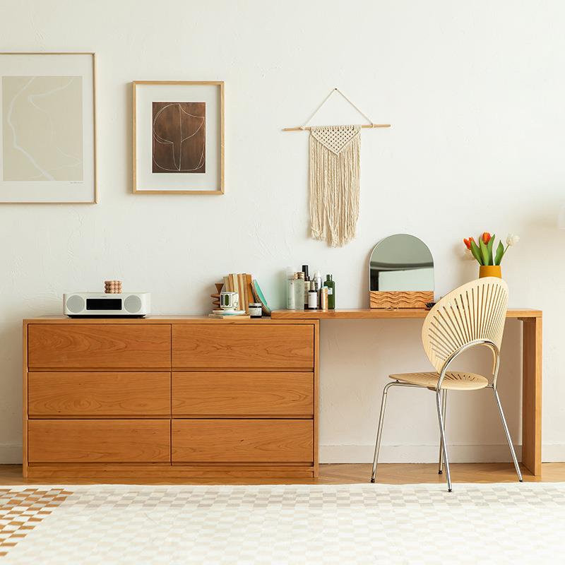 北欧实木斗柜梳妆台一体家用卧室转角L型折叠化妆桌樱桃木储物柜