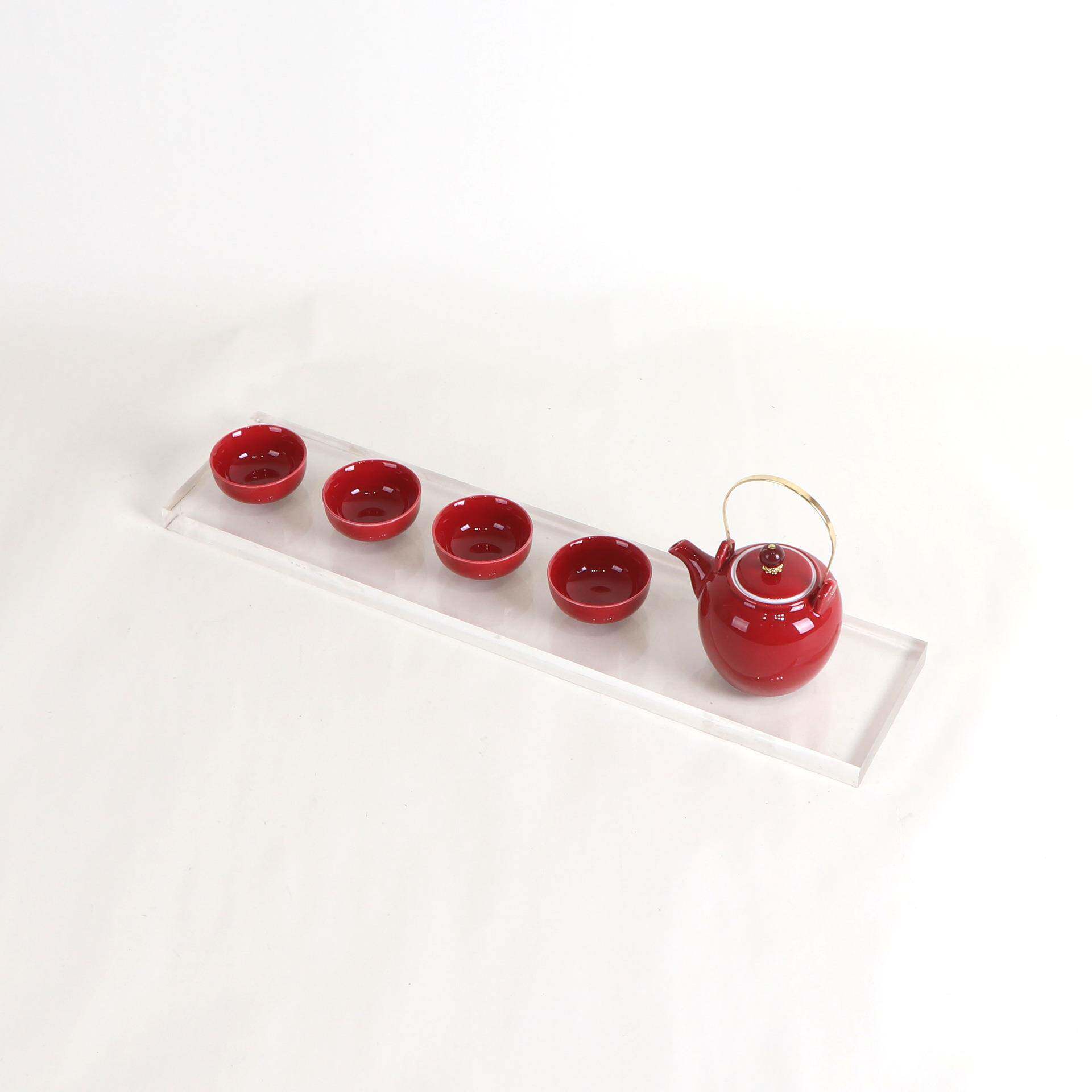 新中式创意红色陶瓷茶具托盘套装摆件样板房茶室茶房展厅软装饰品