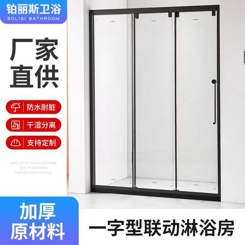 一字型淋浴房不锈钢浴室隔门干湿分离钢化玻璃隔断淋浴屏轻奢风