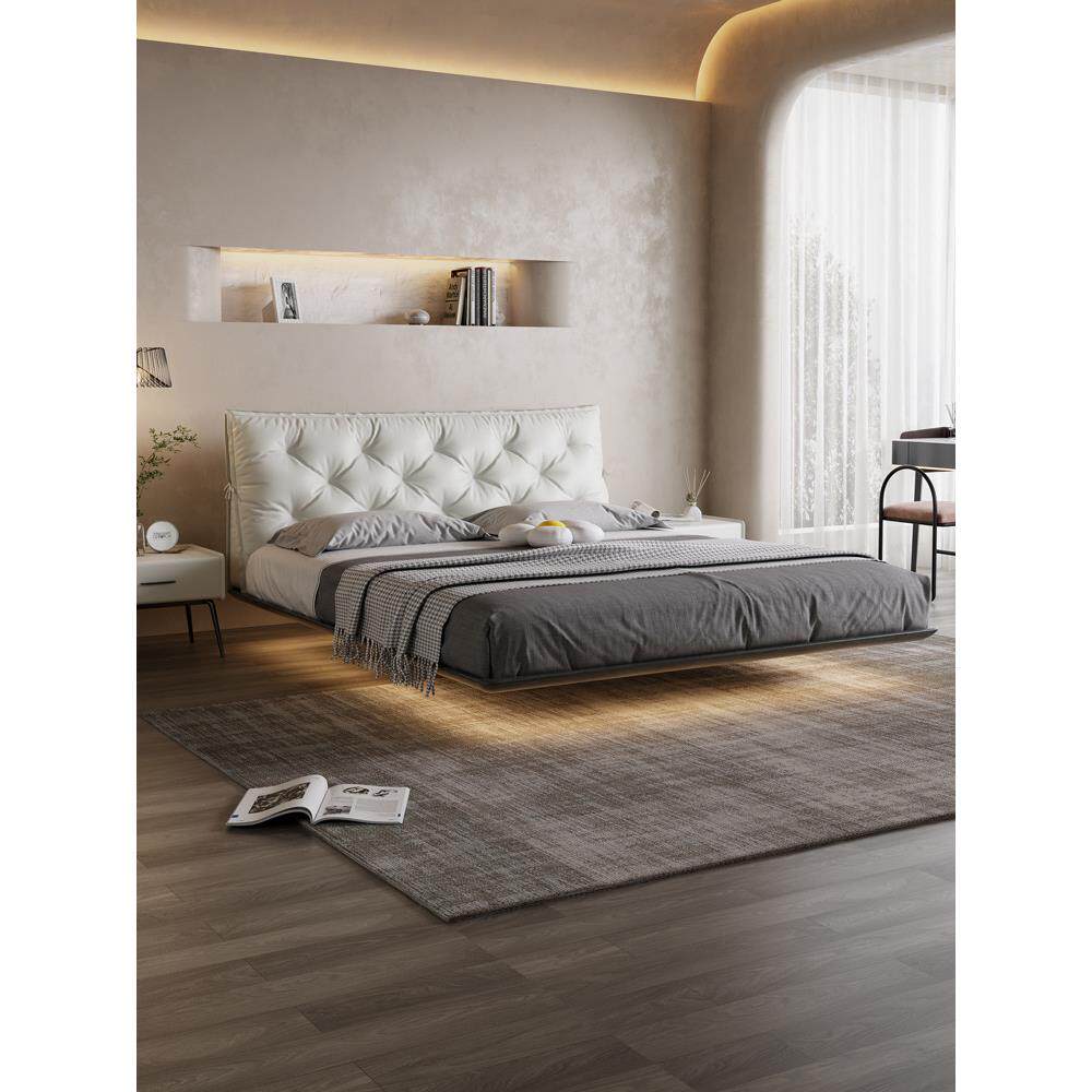 意式极简真皮床悬浮床网红奶油风主卧双人大床简约实木床