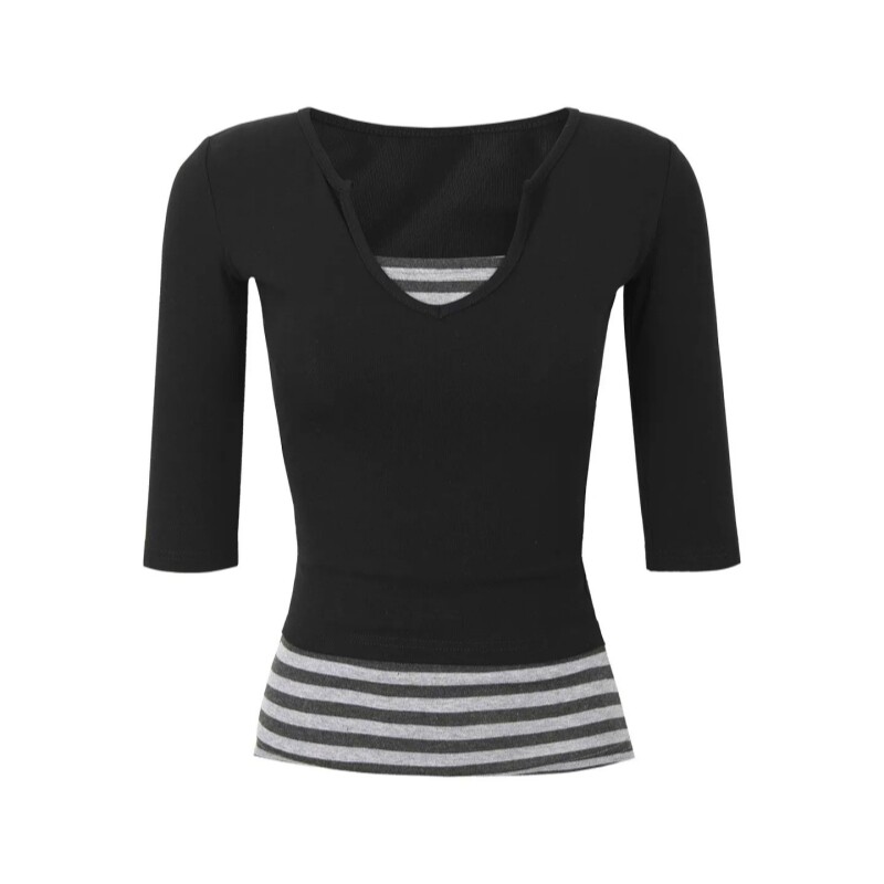 thumbnail for Korean-style hot girl holiday two-piece mid-sleeve T-shirt for women's summer new striped patchwork V-neck waist-slimming black top