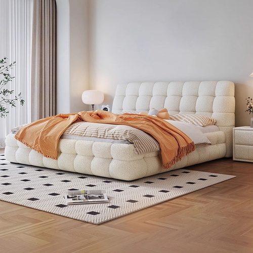 奶油风羊羔绒棉花糖布艺床简约现代极简法式复古高端双人主卧大床