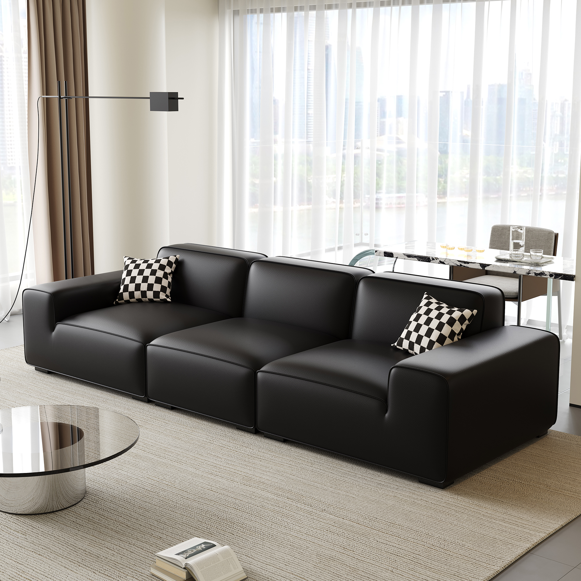 意式极简真皮沙发头层牛皮客厅黑色豆腐块沙发大黑牛沙发高定沙发