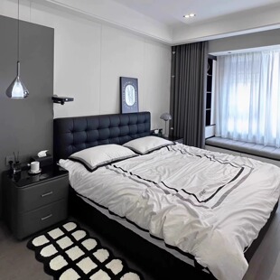 极简黑色华夫格真皮床现代简约红书同款 复古储物双人主卧大床 意式