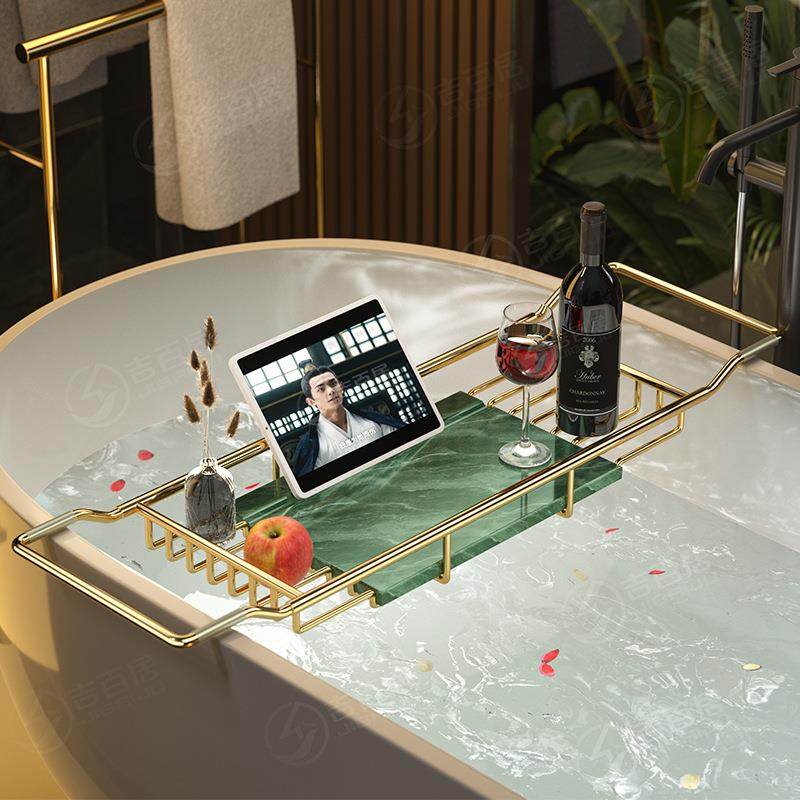 供应浴室轻奢风北欧304不锈钢金色浴缸置物架伸缩泡澡收纳架