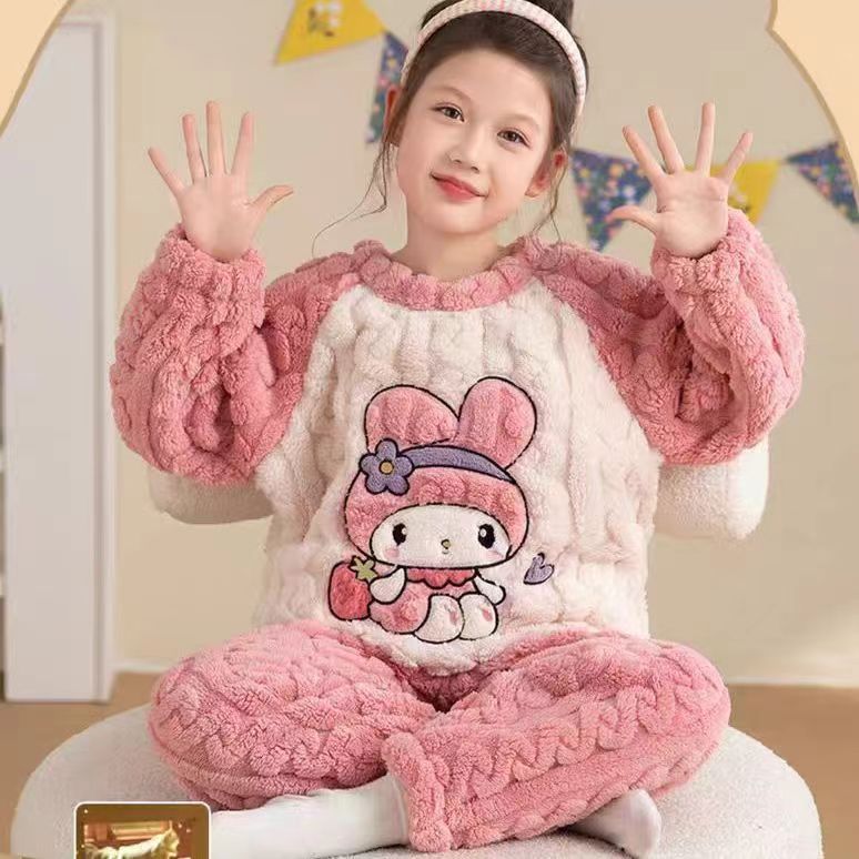 儿童睡衣女秋冬法兰绒卡通美乐蒂套装珊瑚绒中大童宝宝家居服套装