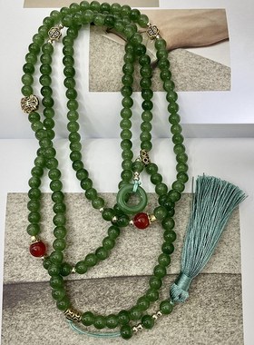 国风名族风天然石绿色串珠流苏项链新中式高级感长款斜挎链毛衣链