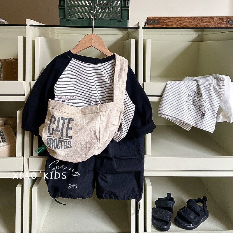 万能搭配~韩系简约插肩袖黑白条纹拼色长袖T恤男女童圆领打底衫潮,童装/婴儿装/亲子装,T恤,淘宝优惠券,粉丝福利购,淘宝优惠卷