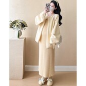 宽松嫩黄毛衣开衫 孕妇装 背心连衣裙两件套 时尚 新款 春秋季 外穿套装