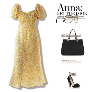 连衣裙复古方领洋气显瘦木耳边短袖 女装 雪纺碎花长裙 大码 胖mm夏装