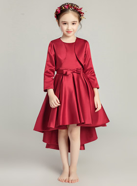 女童晚礼服公主裙儿童小主持人模特走秀钢琴演出服长袖拖尾婚纱冬