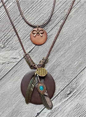 复古羽毛长款项链复古民族风木质文艺范挂件女士毛衣链衣服配饰品